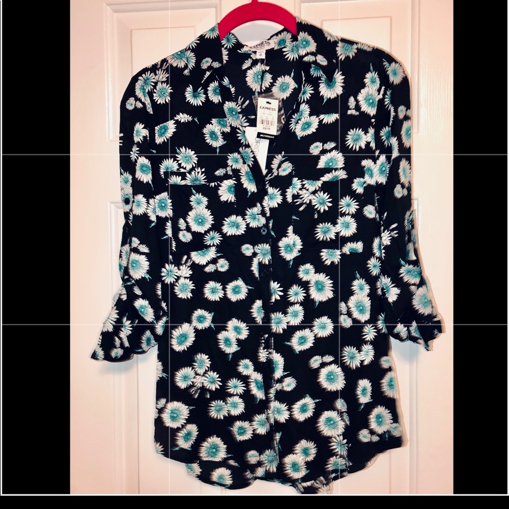 Express portofino top black blue floral XS NWT